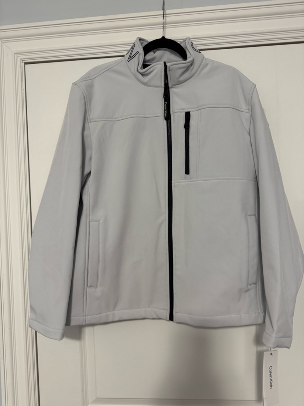 Calvin Klein White Softshell Shirt Jacket with Black Zipper Accents